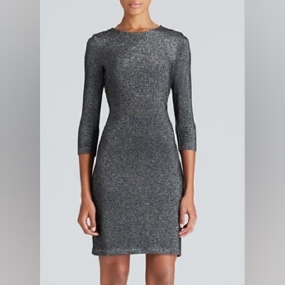 Karen Kane Metallic Gray Long Sleeve Sheath Dress